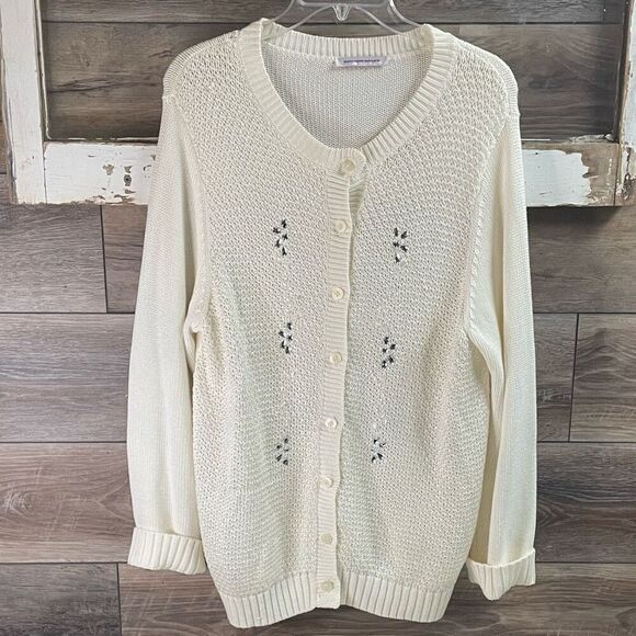 ALLISON DALEY Womens Cream Sweater Button Front Rhinestone Open Knit Front Fancy - Picture 3 of 10